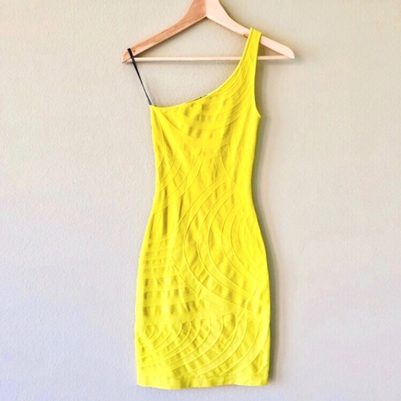 2xHP💘BEBE⚡️Yellow Lime One Shoulder Dress_S - Picture 3 of 8